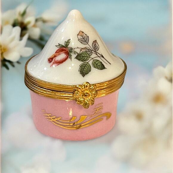 Authentic Limoges Pink Cone Tent Trinket Box, Engagement Ring Box, Pillbox Rose